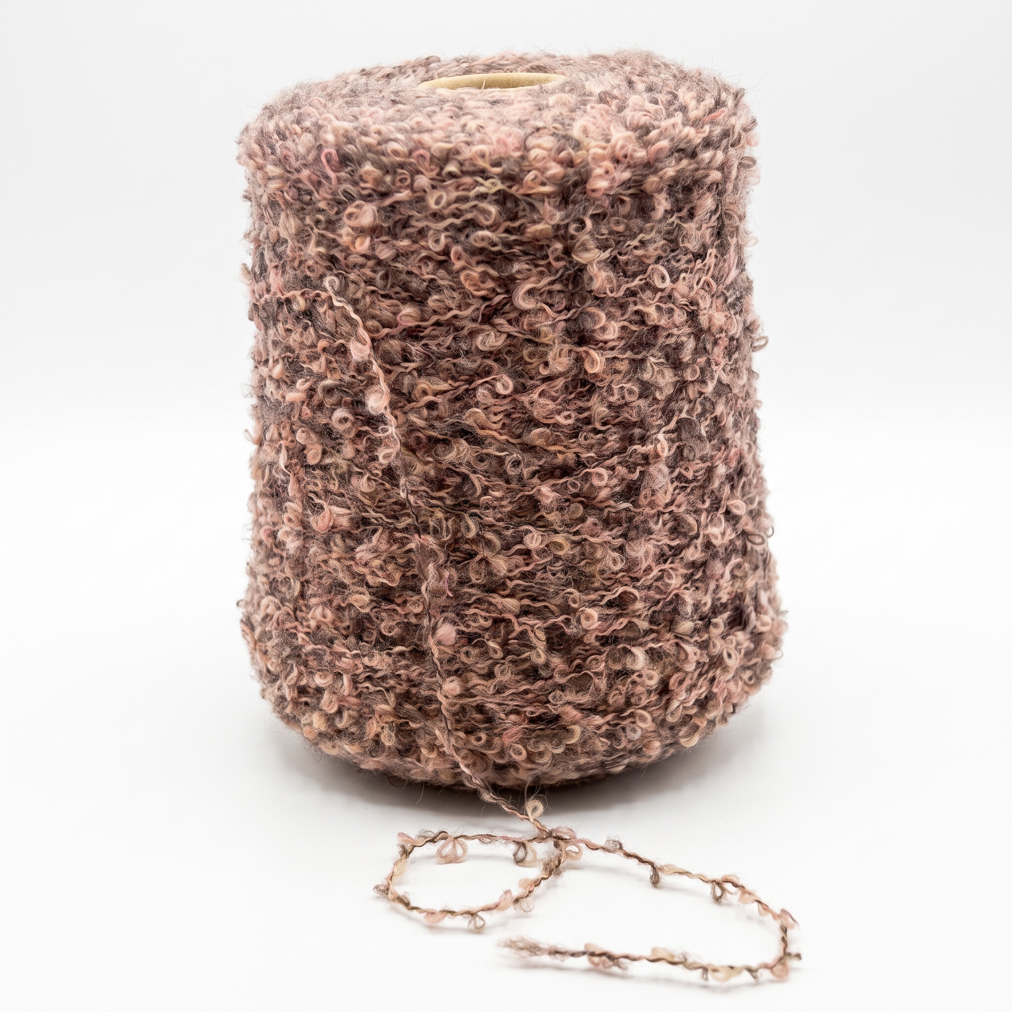 En cone med bouclégarn i brunlige og rosa nuancer, med en løs tråd foran.