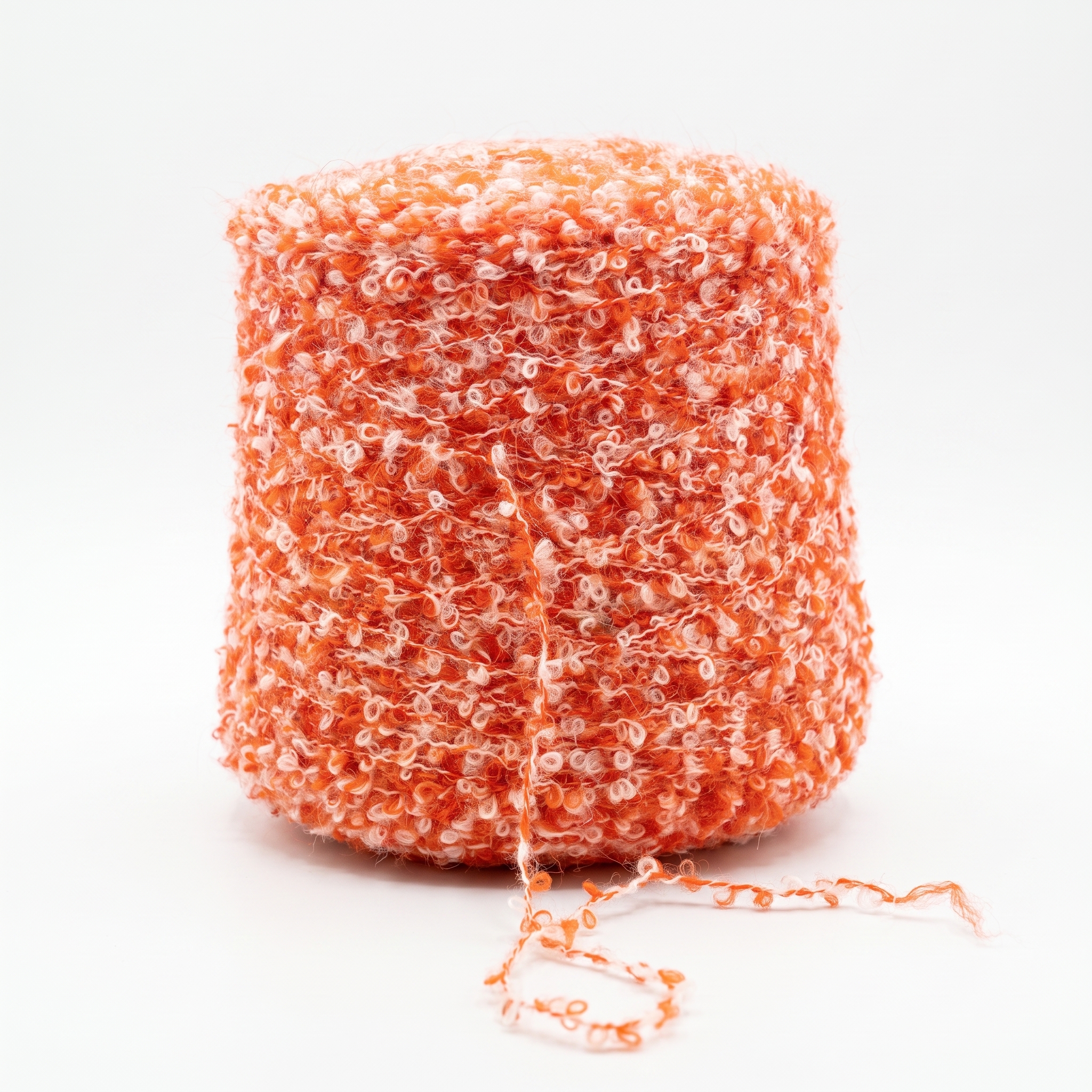En cone med løkket, orange og hvidt garn med en løs tråd foran.
