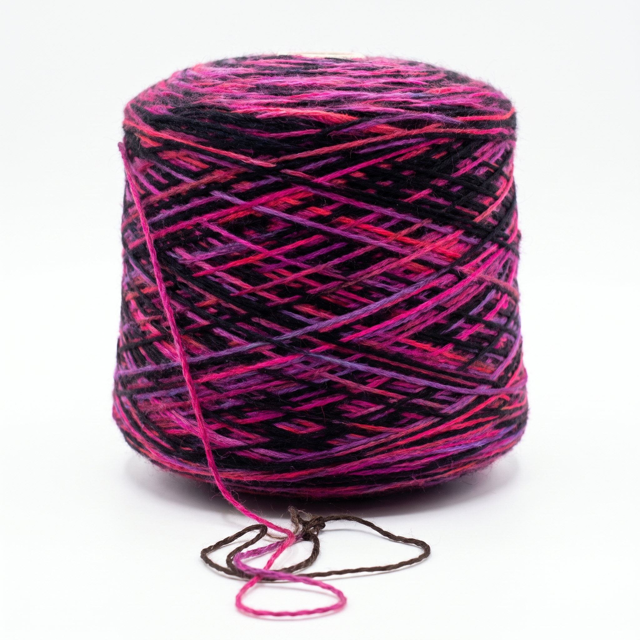 En stor cone med multifarvet garn i nuancer af sort, pink, lilla og brun på en hvid baggrund.