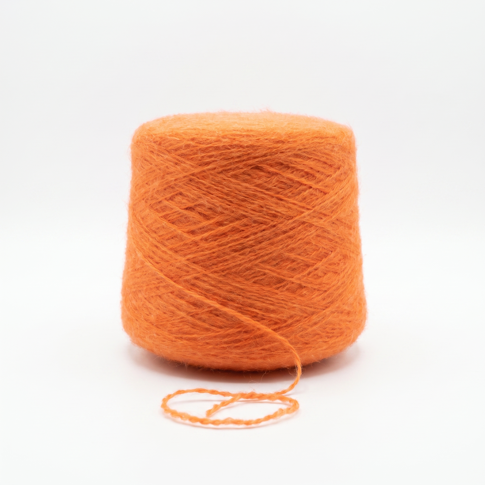 En cone med orange, loddent garn på en hvid baggrund.